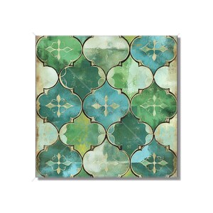 May include: A repeating pattern of green and blue quatrefoil shapes with gold accents. The design is reminiscent of traditional Moroccan tilework.