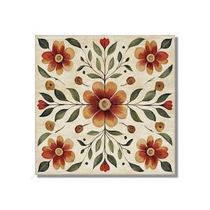 May include: A square, cream-colored background with a symmetrical pattern of orange and red flowers with green leaves. The flowers have five petals and a yellow center.