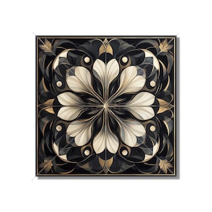 May include: Square wall art featuring a symmetrical floral design in black, cream, and gold. The artwork has a detailed, layered appearance with a gold frame. The central flower-like motif is surrounded by stylized leaves and geometric shapes.