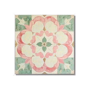 May include: Square decorative tile with a floral design. The tile features a central flower with pink petals and a light green center. The background has a light green and off-white pattern.