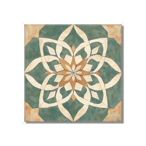 May include: A square tile with a geometric pattern in shades of green, beige, and white. The pattern is a stylized flower with intricate details.