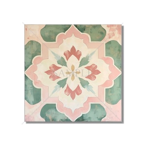 May include: Square decorative tile with a floral design. The tile features a central cream-colored shape with pink and red flower-like elements. The background is a mix of green and pink hues, creating a vintage aesthetic. The word "SAMPLE" is visible.