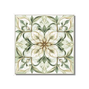 May include: Square decorative tile with a floral design. The tile features a symmetrical pattern of stylized leaves and flowers in shades of green, cream, and brown, set against a pale green background. The design has a slightly raised, textured appearance.