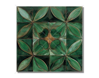May include: A green and gold ceramic tile with a geometric pattern of overlapping leaves. The tile has a glossy finish and is made of glazed ceramic.