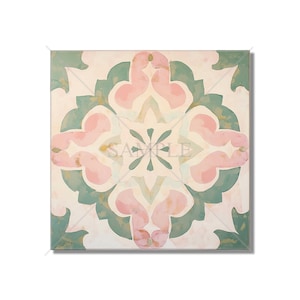 May include: Square decorative tile with a floral pattern in soft pastel colors. The design features pink, green, and cream hues arranged in a symmetrical, repeating motif. The word "SAMPLE" is printed across the center of the tile.