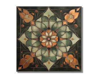 May include: A square canvas painting with a green, brown, and orange geometric design. The design features a central flower with intricate patterns and leaves.