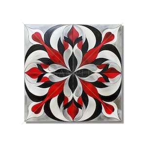 May include: Abstract geometric painting with a black, white, and red color scheme. The design features a repeating pattern of stylized flower shapes.
