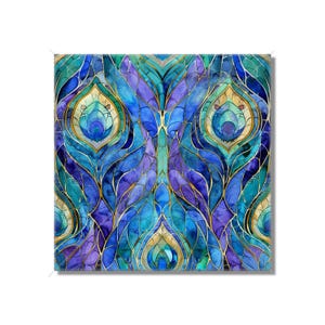 May include: A stained glass pattern with peacock feathers in shades of blue, purple, and gold.