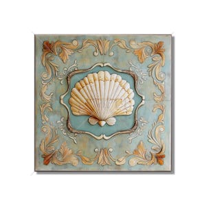 May include: A square wall decor with a raised, white seashell in the center. The seashell is surrounded by a decorative, gold-colored frame and a blue-green background. The background is decorated with gold-colored floral designs.