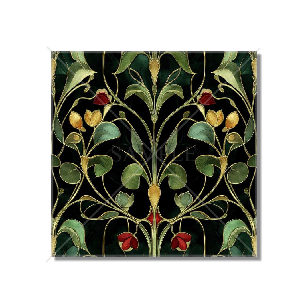 Red and Green Floral Ceramic Tile - Vintage French Floral Vines Design ...