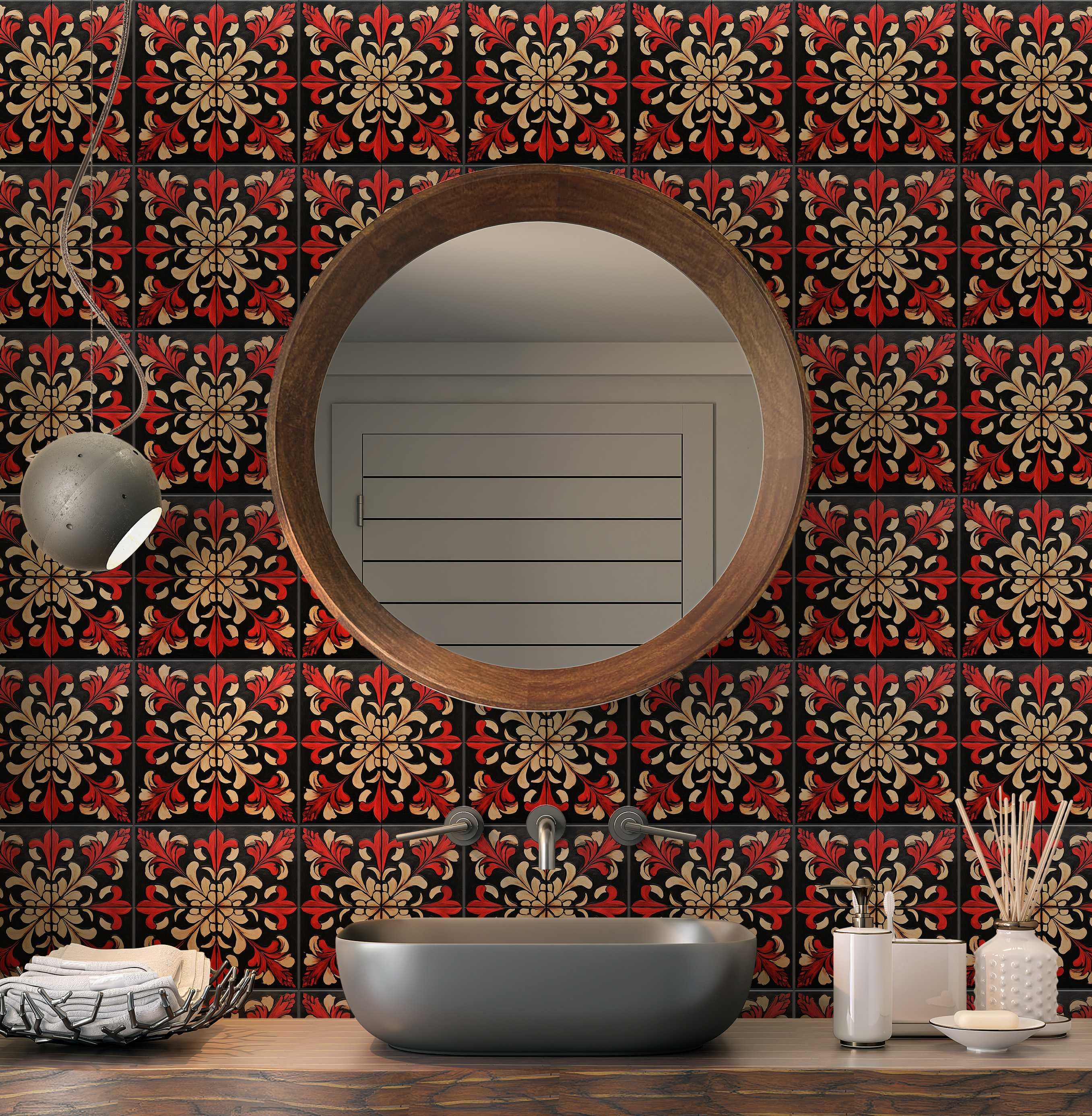 Red Patterned Ceramic Tile - Unique Red Kitchen Backsplash Tiles - Red ...