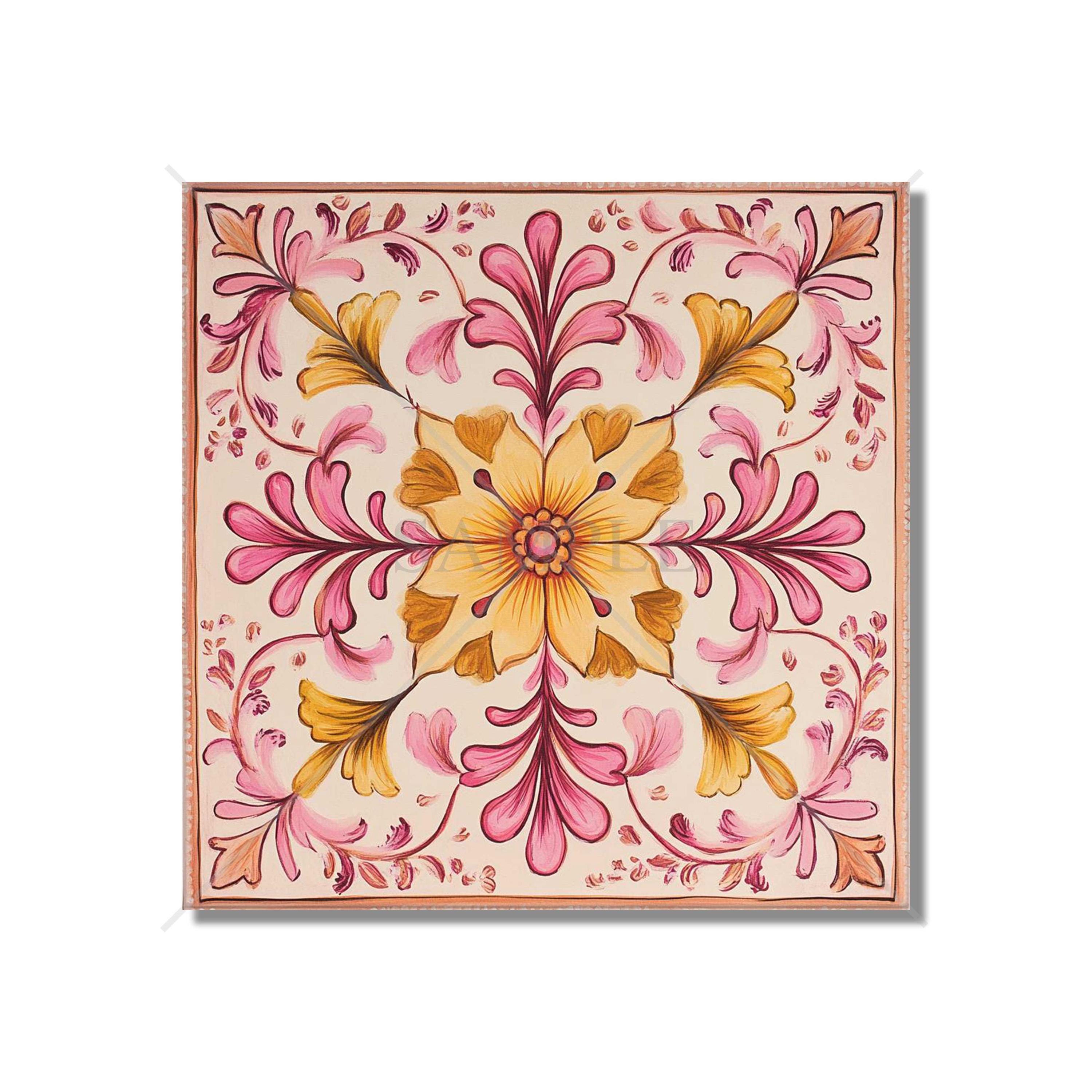 Pink Yellow Floral Ceramic Tile - Patterned Cottage Floral Design Tile ...