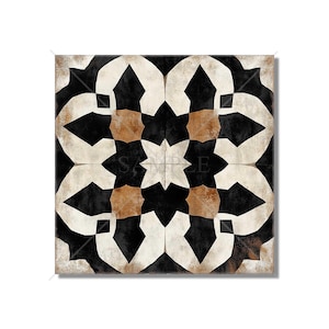 May include: Black and white geometric tile with brown accents. The tile features a repeating pattern of stars and geometric shapes.