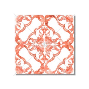May include: A repeating pattern of coral-colored floral designs on a white background. The design is intricate and detailed, with a symmetrical layout.