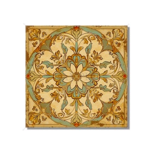 May include: A square tile with a decorative design featuring a central flower with intricate floral patterns in shades of yellow, green, and blue on a beige background.