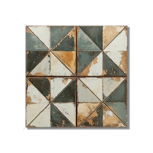 May include: A square wall tile with a geometric pattern of triangles in shades of white, gray, and brown. The tile has a distressed, vintage look.