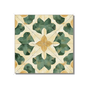 May include: A square tile with a geometric pattern in shades of green, beige, and white. The pattern features a central star shape with four points, surrounded by four leaf-like shapes.