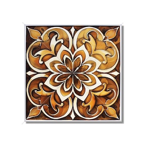 May include: A square tile with a brown and white geometric pattern. The pattern features a central flower with intricate details and swirling designs.