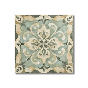May include: A square tile with a decorative pattern in shades of green, beige, and brown. The pattern is a symmetrical design with a central flower motif.