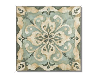 May include: A square tile with a decorative pattern in shades of green, beige, and brown. The pattern is a symmetrical design with a central flower motif.