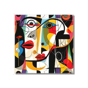 May include: Abstract art painting of a face with bold lines and geometric shapes in red, yellow, blue, green, black, and white.