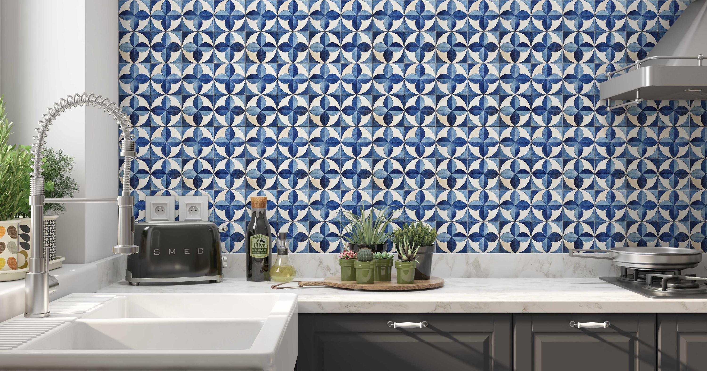 Blue and White Geometric Design Ceramic Tile - Unique Blue Kitchen ...