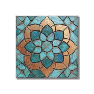 May include: A square wall art piece with a geometric design in shades of teal and gold. The design features a central flower shape with intricate details.