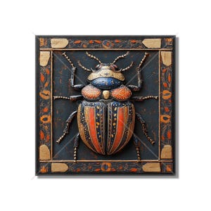 May include: A framed artwork featuring a detailed, three-dimensional beetle with red, blue, and gold accents. The beetle is set against a dark background with a decorative gold frame.
