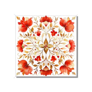 May include: A square watercolor painting featuring a symmetrical floral design. The design is made up of red flowers with gold leaves and stems. The background is white.