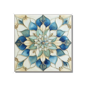 May include: Square ceramic tile featuring a symmetrical floral design in shades of blue, teal, and white, accented with gold-colored trim. The design is reminiscent of stained glass, with a glossy finish.