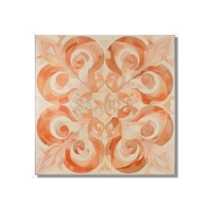 May include: A square painting with a symmetrical design of orange and white swirls. The swirls are arranged in a pattern that resembles a flower.