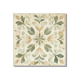 May include: A square tile with a repeating pattern of green and beige leaves. The tile has a cream background and a symmetrical design.