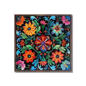 May include: A colorful floral design with bright red, orange, yellow, blue, green, and purple flowers on a black background. The design is framed with a black border and a row of small white dots.