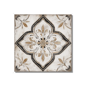May include: Square decorative tile with a floral pattern. The design features a central flower motif with four curved petals, outlined in black and gold. The background is off-white with a distressed texture, and the tile has a square shape.