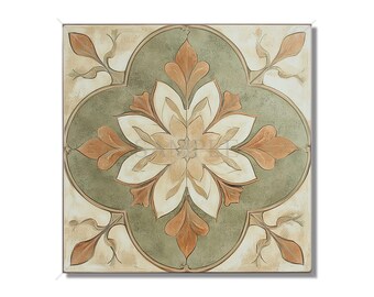 May include: Square decorative tile with a floral design. The tile features a central flower in cream and tan, surrounded by a green quatrefoil shape. The corners have tan leaf accents, all on a cream background.
