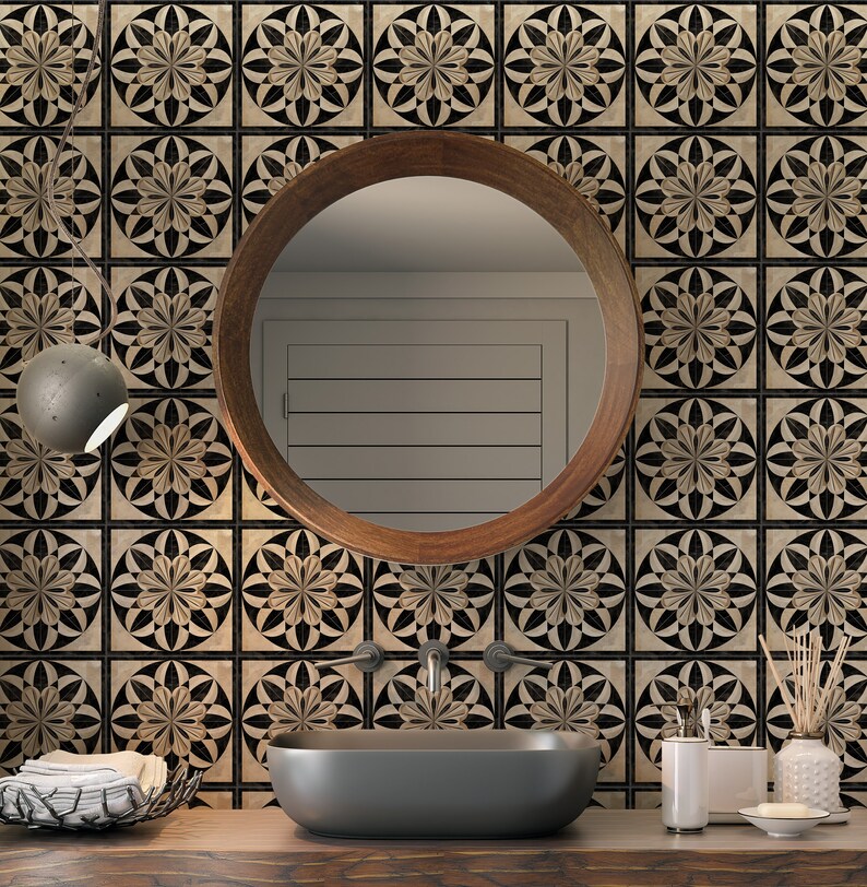 Black Beige Cream Ceramic Tile - Vintage Design Tile Design - Kitchen Backsplash Tile - Bathroom Wall Tile Patterned Patterned Ceramic Tile image 3