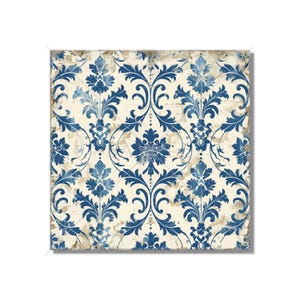 May include: A vintage-style blue and white damask pattern with a distressed background. The pattern features intricate floral designs and swirls.