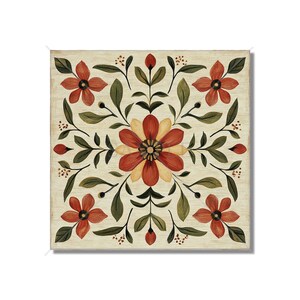 May include: Square artwork featuring a symmetrical floral design. The central flower is a mix of red and yellow petals, surrounded by smaller red flowers and green leaves. The background is a light beige with a distressed wood-like texture.