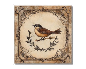 May include: A vintage-style illustration of a brown bird perched on a branch with green leaves. The image is framed with a decorative border in shades of brown and cream.