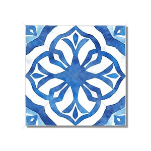 May include: A blue and white watercolor tile with a geometric pattern. The tile features a central motif of a stylized flower with four petals.