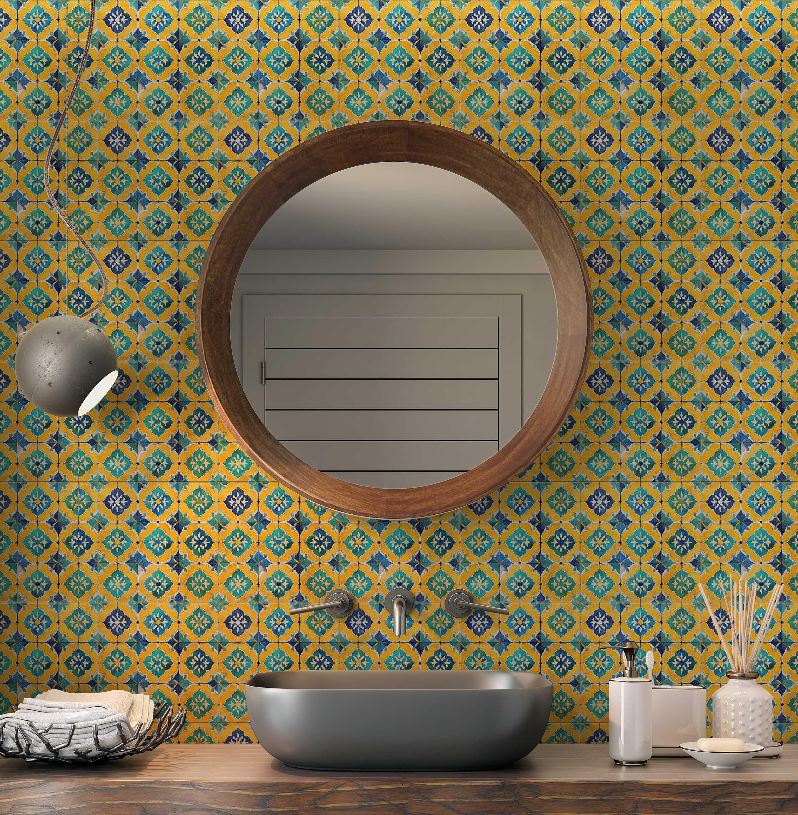 Blue and Yellow Patterned Ceramic Tiles Kitchen Backsplash Tiles ...