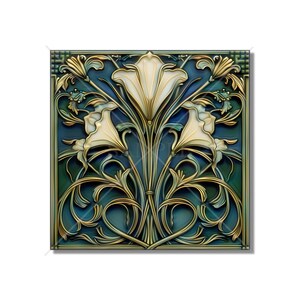 Blue Green Ceramic Tile Art Deco - Art Nouveau Design Blue Green Cream Unique Kitchen Backsplash Tile Bathroom Tile - Antique Design Tile