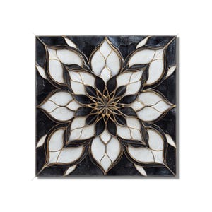 May include: Black and white mandala with gold accents. The mandala is a geometric design with a flower-like shape. The design is intricate and detailed.