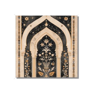 May include: A digital illustration of an ornate archway with a floral design on a black background with gold accents. The archway is decorated with stars and a floral pattern.