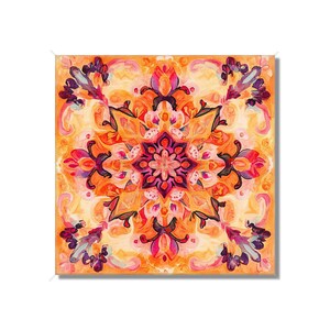 May include: A colorful mandala with intricate details in shades of orange, pink, and purple. The design features a central star shape surrounded by floral motifs.