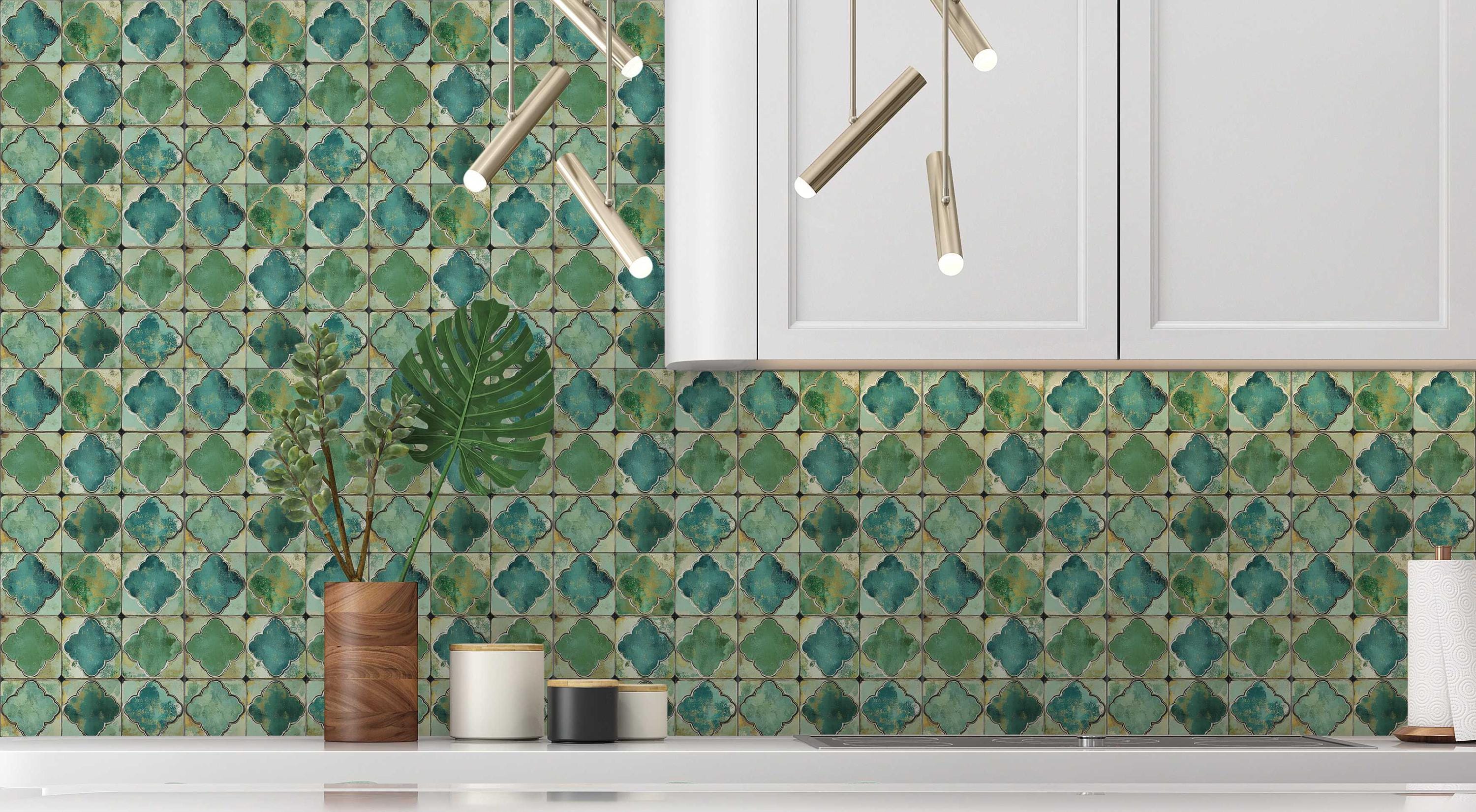 Blue Green Ceramic Tile Vintage Moroccan Tile Design Patterned Kitchen ...
