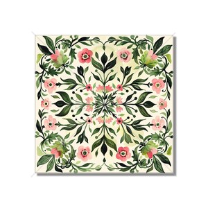 May include: A square floral pattern with pink flowers and green leaves on a cream background. The pattern is symmetrical and has a repeating design.