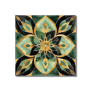 May include: A green and gold mandala with intricate geometric patterns. The mandala is surrounded by a black border.
