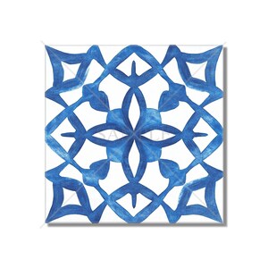 May include: A blue and white geometric tile with a repeating pattern of interlocking shapes. The tile is painted in a watercolor style, giving it a soft and organic look.