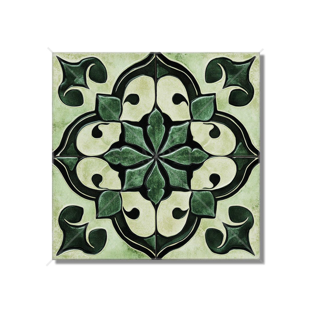 Green Patterned Ceramic Tile - Vintage Design Green Tile - Unique Green ...